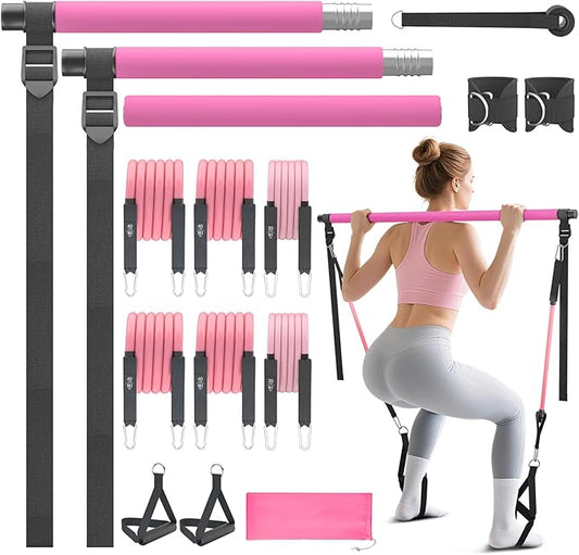 Pilates Bar Kit with Resistance Bands, Portable Pilates Bar for Home Gym Yoga & Full Body Workouts, Pilates Equipment for Women & Men, Fitness Set for Strength Toning Stretching Flexibility Training
