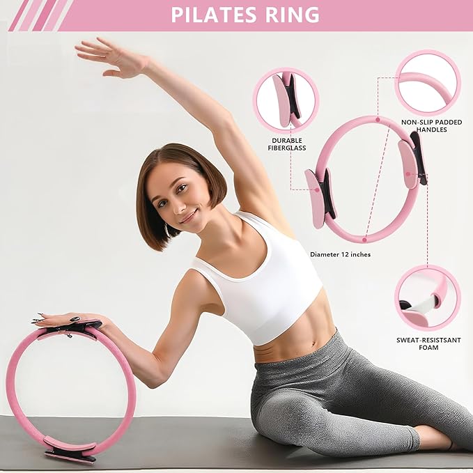10 Pcs Pilates Equipment Present Pilates Ring Set with Yoga Ring Ball Stretching Strap Risistance Bands Block Gym Bag