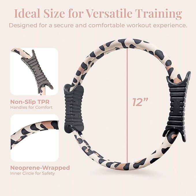 Pilates Ring Fitness Circle for Women – 12" Magic Circle Pilates Equipment Tool with Exercise Guide - Leopard Print