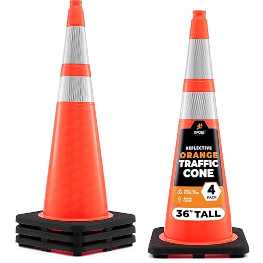 Xpose Safety 36 Inch Orange Traffic Cones with 6" & 4" Collars, 4-Pack - Multipurpose PVC Plastic Safety Cone for Parking, Soccer, Caution, Kids and Construction - DOT Approved