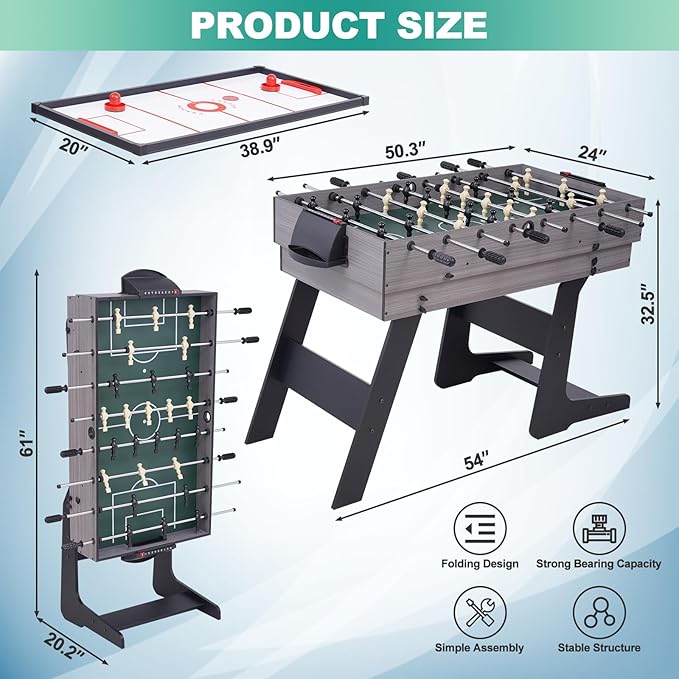 54" 4-in-1 Multi Game Table, Foldable Combo Game Table Set with Ping Pong, Hockey, Pool Billiards and Foosball for Adults, Home, Game Room, Friends & Family
