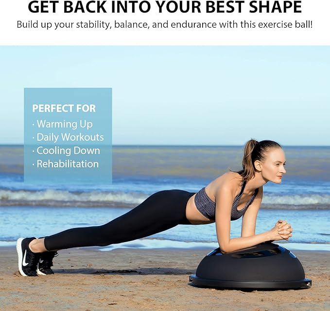 ZELUS 25in. Balance Ball | 660lb Inflatable Half Exercise Ball Wobble Board Balance Trainer w Nonslip Base | Half Yoga Ball Strength Training Equipment w 2 Bands, Pump, Extra Ball Included