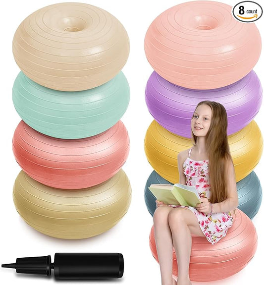 Lewtemi 8 Pcs Flexible Seating for Classroom Elementary 20'' Yoga Ball Chair Large Inflatable Donut Exercise Ball Chair Wobble Seat with Inflator for Kids Student Balance