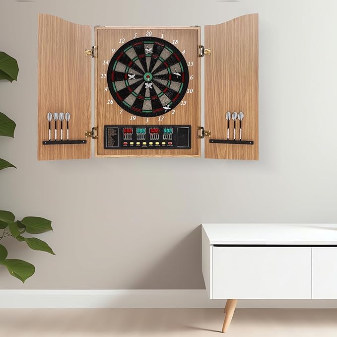 Electronic Dartboard Cabinet Set 4 LED Digital Scoreboards Dart Board with Built-in Cabinet and Dart Storage for 12 Soft Tip Darts Up to 16 Players Over 27 Games with 243 Options for Adults