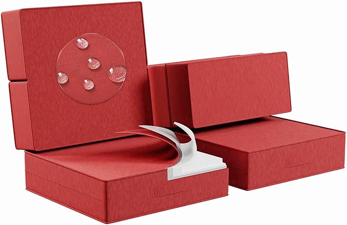 6 Inch Thick Foldable Deep Seat Cushion, 2 PCS 24 x 24 Inch Outdoor Water & Fade Resistant Olefin Patio Furniture Replacement Chair Cushion, with Removable Cover, Handle and Straps, Red