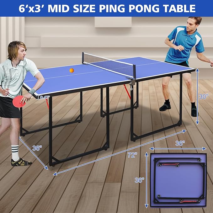 Foldable Ping Pong Table Portable 4.5FT/6 FT/9FT Table Tennis Table Foldable for Indoor Outdoor Games - Quick Assembly