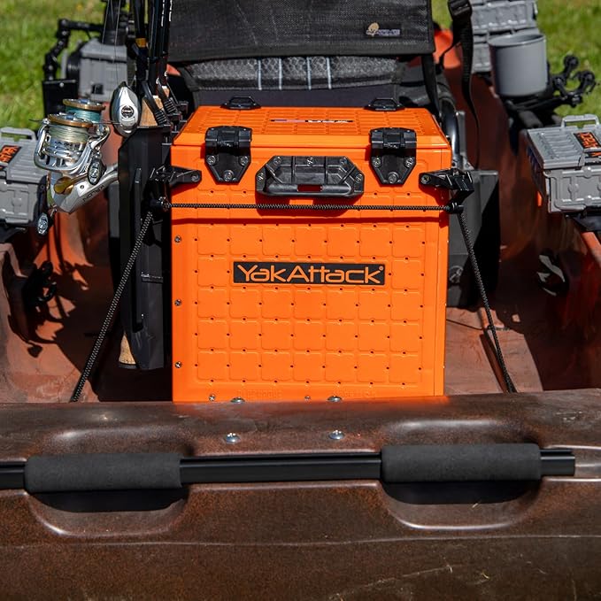 YakAttack BlackPak Pro 13" x 13" Fishing Crate with 3 Rod Holders - Orange | Compact Tackle Storage Box & Gear Organizer for Kayaks | Lightweight, Durable & Customizable Marine Accessory | Made in USA