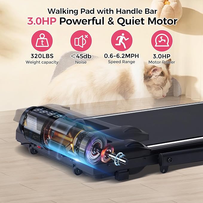 Portable Walking Pad Treadmill with Handle Bar, Foldable Folding Walking Pads Treadmills for Home with Handles