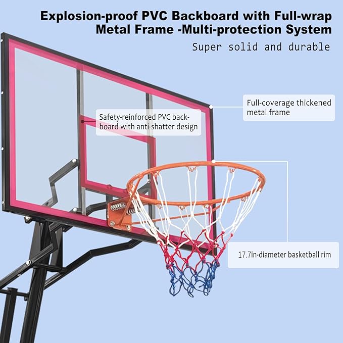 Basketball Hoop Outdoor 8.04-10FT Height Adjustable, Portable Basketball Goal with 44 Inch Shatterproof Backboard, Heavy-Duty Base & Wheels for Youth,Teens,Adults in Backyard,Driveway,Indoor