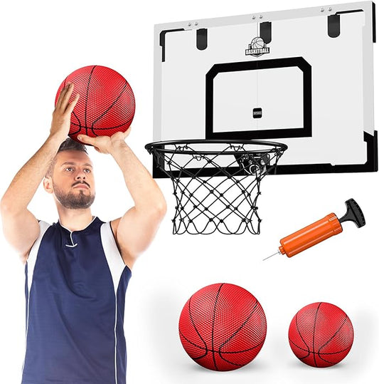 24" x 16" Large Basketball Hoop Indoor for Adults, Over The Door Basketball Hoop with Sturdy Backboard, Big Basketball Toys Gifts Ideas for Man Kids Teens Boys Girls, Black