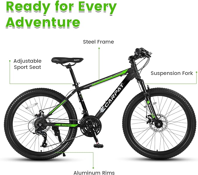 24/26 Inch Mountain Bike, 21 Speed Mountain Bicycle with High Carbon Steel Frame, Dual Disc Brakes and Front Suspension, MTB Bike for Adult Teenagers Boys Girls