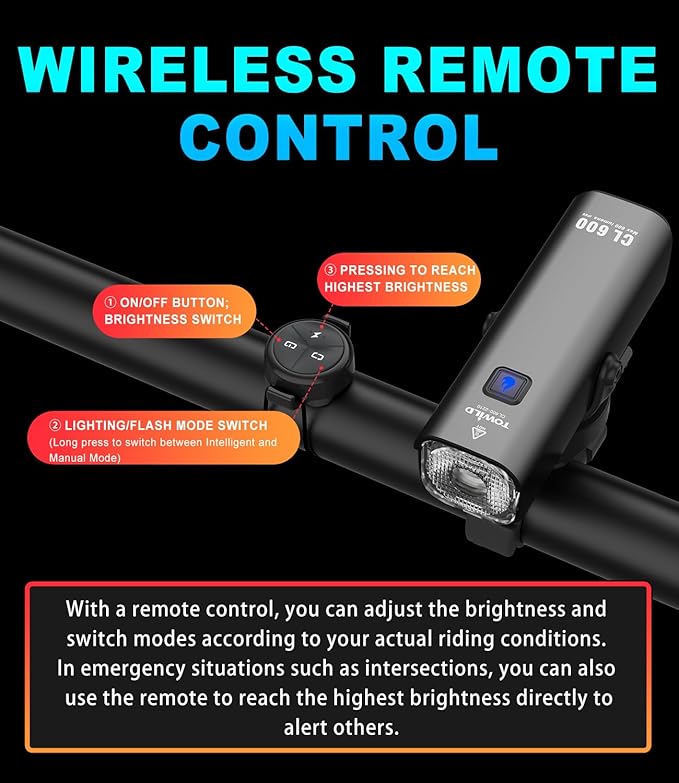 TOWILD Bike Lights for Night Riding,Compatible with Garmin/GoPro Mount,600 Lumen Bike Headlight,2000mAh Rechargeable Battery,Waterproof Bike Front Light for Commuter Cyclists-Fits All Bikes