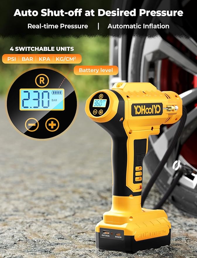YOHOOLYO Tire Inflator Portable Air Compressor for Cars, 20V Cordless Rechargeable Battery Powered Electric Car Tire Air Pump Digital Pressure Gauge 12V DC Adaptor LED Light Auto Stop, 150PSI Yellow