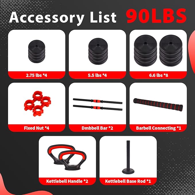 Adjustable Dumbbells Set - 20lbs/30lbs/70lbs/90lbs Multi-Functional Fitness Set, Kettlebell & Barbell Patterns, Beginner Dumbbell Fitness