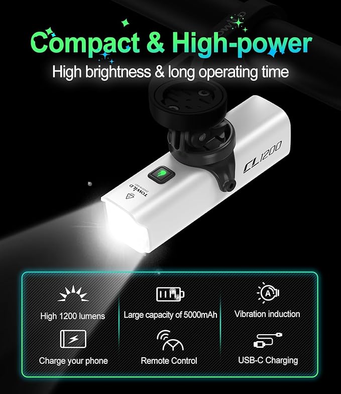 TOWILD CL1200 Bike Lights for Night Riding,Compatible with Garmin/GoPro Mount,1200 Lumen Bright Bike Headlight,Rechargeable Battery,Waterproof Bike Front Light for Commuter Cyclists
