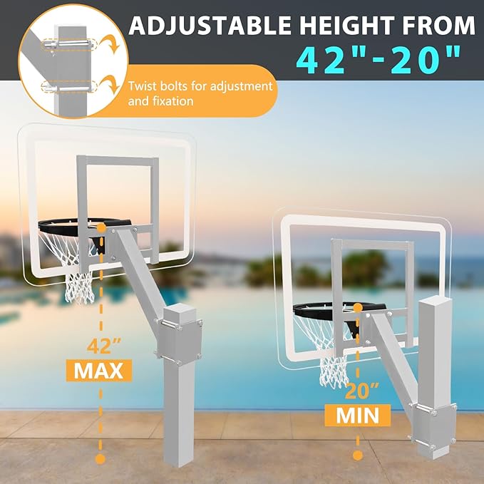 PROGOAL Aluminum Shot and Dunk Poolside Basketball Hoop - In Ground Removable Rust-Resistant Adjustable Height Pool Basketball Game System with Clear Backboard 1/2 Springs Rim and Three Balls