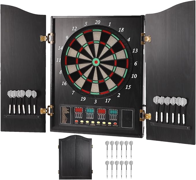 Pro Electronic Dartboard Cabinet Set with LED Digital Scoreboard Electronic Dart Board Over 27 Games and 243 Variations for Adults Built-in MDF Cabinet for 12 Soft Tip Darts 88 Tips 16-Player Scoring