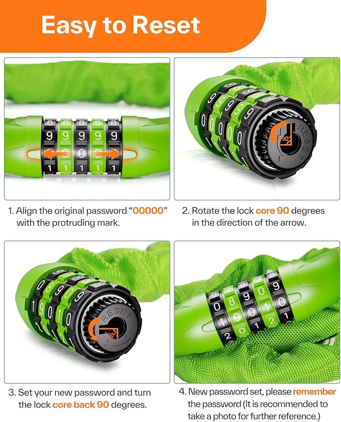 Sportneer Bike Lock: 5 Digit Combination High Security Anti Theft Bike Chain Lock - 3.2/3.6/4ft Heavy Duty Keyless Bicycle Lock for Bike, Motorcycle, Scooter, Door & Gate - 4/6mm Thick, Easy to Use