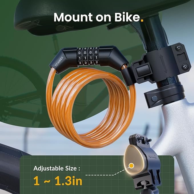 Titanker Bike Lock Cable, 4 Feet Bike Cable Lock Basic Self Coiling Kids Bike Lock Combination with Complimentary Mounting Bracket, 5/16 Inch Diameter (4FT, Orange-8mm)
