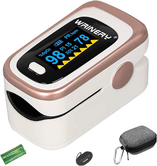 WRINERY Oxygen Saturation Monitor, Pulse Oximeter Fingertip, Oxygen Monitor, O2 Saturation Monitor, OLED Portable Oximetry with Batteries, Lanyard (Rose gold-White)