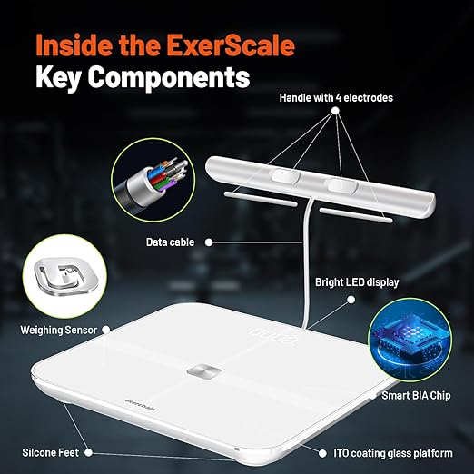 ExerScale AI Smart Scale with Body Weight Prediction, BMI, Body Fat, Muscle Mass, Workout, Food Tracking, Bluetooth Digital Scale with 8 Electrodes, High Accuracy Health Analyzer by EXERCHAIN - White