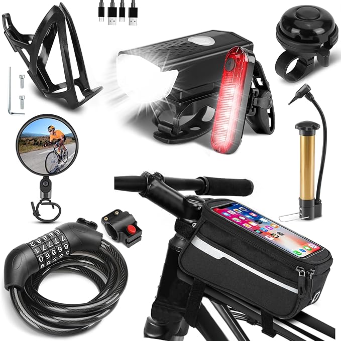 8 Pack Bicycle Accessories, Bike Light Set USB Rechargeable, 1 Bike Water Bottle Holder, Bicycle Bag and 1 Bike Aluminum Bicycle Bell,Pump