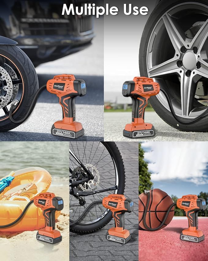 Tire Inflator Air Compressor, 21V Cordless Car Tire Pump with Rechargeable Li-ion Battery, 12V Car Power Adapter, Digital Pressure Gauge, Suitable for Cars E-bikes Balls Motorcycles