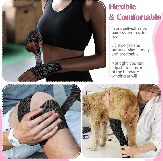 Treela 64 Pack 1" x 5 Yards Self Adhesive Cohesive Bandage Wraps, Elastic Breathable Athletic Tape, Flexible Self Adherent Bandage Rolls for Wrist, Ankle, Fingers, Sports & Pets (Black)