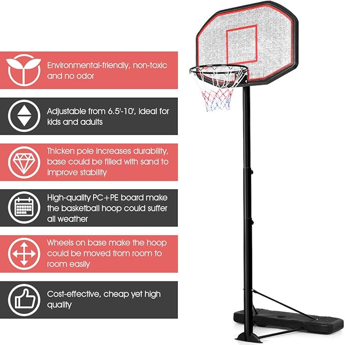 Giantex Portable Basketball Hoop Stand, Adjustable Height 6.5-10 ft, 43Inch Backboard, Portable Basketball Hoop & Goal Basketball System Stand for Kids Youth Indoor Outdoor Use