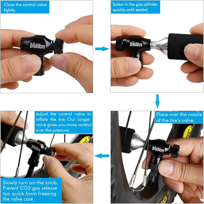 CO2 Inflator Kits with 9X16g or 5 X 16g CO2 Cartridges, Presta and Schrader Valve Compatible, Bike Tire CO2 Pump, Included Insulated Sleeve