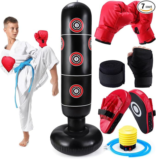 7 Pcs Kids Punching Bag Set Include Boxing Gloves, Inflatable Punching Bag, Hand Wraps, Hand Pads, Air Pump, Kids Boxing Training Set for Karate Kickboxing Taekwondo