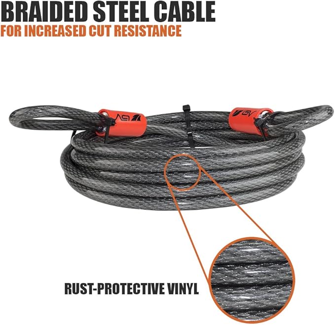 BV 4FT Heavy-Duty Security Cable Lock with Loops – Extra Thick 10mm (3/8") Braided Steel, Cut-Resistant & Weatherproof Wire Cable for Padlock, Gate, Bike, Motorcycle & Outdoor Equipment