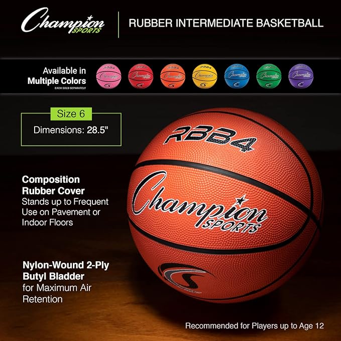 Champion Sports Rubber Basketballs – Heavy Duty Pro-Style, Indoor/Outdoor Use, Premium Basketball Equipment for Physical Education, Various Sizes & Colors (Size 3, 5, 6, 7)