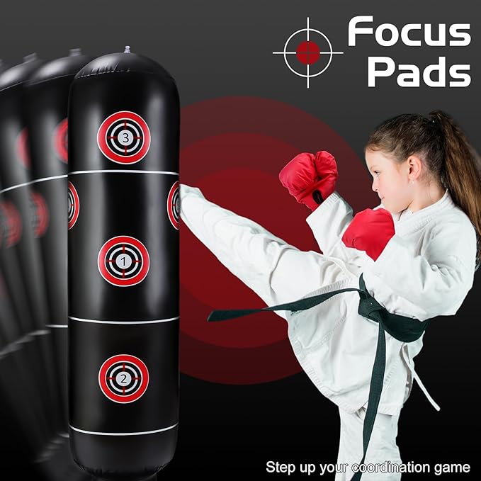 7 Pcs Kids Punching Bag Set Include Boxing Gloves, Inflatable Punching Bag, Hand Wraps, Hand Pads, Air Pump, Kids Boxing Training Set for Karate Kickboxing Taekwondo