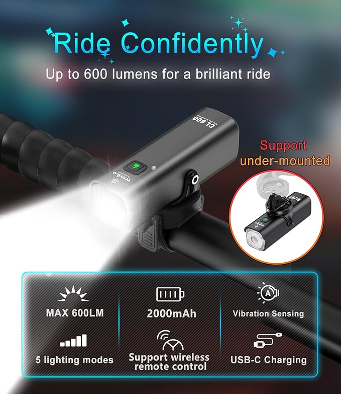TOWILD Bike Lights for Night Riding,Compatible with Garmin/GoPro Mount,600 Lumen Bike Headlight,2000mAh Rechargeable Battery,Waterproof Bike Front Light for Commuter Cyclists-Fits All Bikes