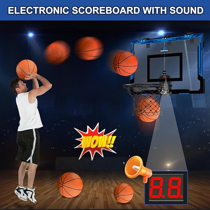 24" x 16" Large Basketball Hoop Indoor for Adults, Over The Door Hoop with Sturdy Backboard, Big Basketball Toys Gifts Ideas for Man Kids Teens Boys Girls, Blue