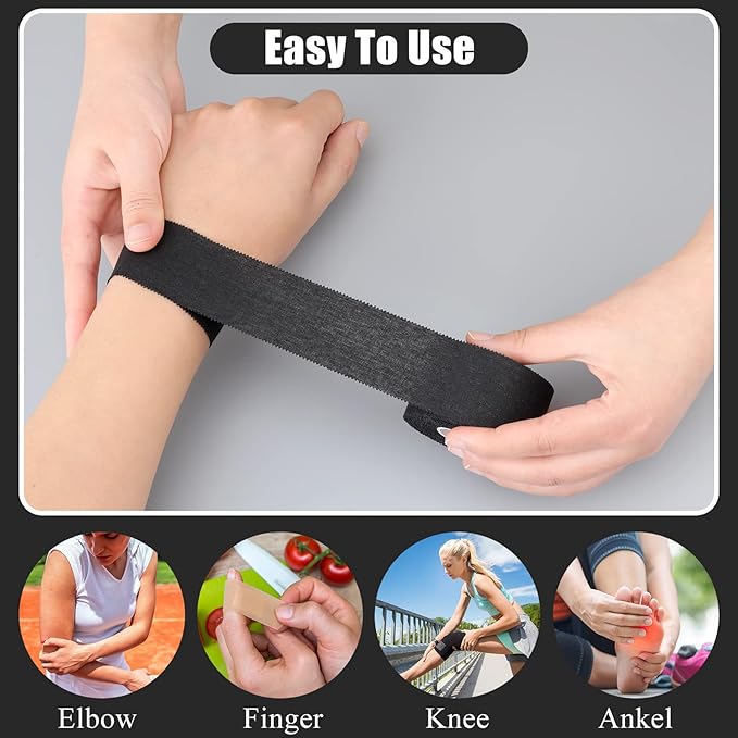 Hoolerry 12 Rolls 130 Yard Athletic Sports Tape Pre Wrap Very Strong Easy Tear No Sticky Residue Tape for Fingers Ankles Wrist Injury Wrap, Football Baseball Hockey Soccer(1.5 in,Black)