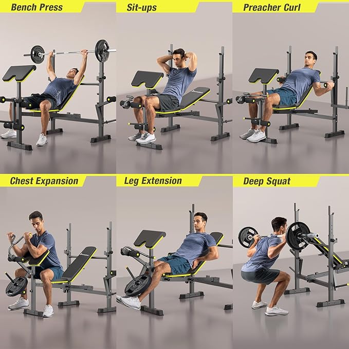 6 In 1 Weight Bench Set, 2093 LBS Foldable Bench Press with Push-Pull Bench, Adjustable Work Out Equipment for Home Gym with Squat Rack, Standard Strength Training Bench