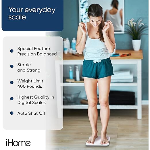 iHome Digital Scale, Bathroom Scale, Batteries Included, Scale Body Weight, Weight Scale, Digital Scale, Bathroom Scales for Weight, Digital Scales for Body Weight (White)