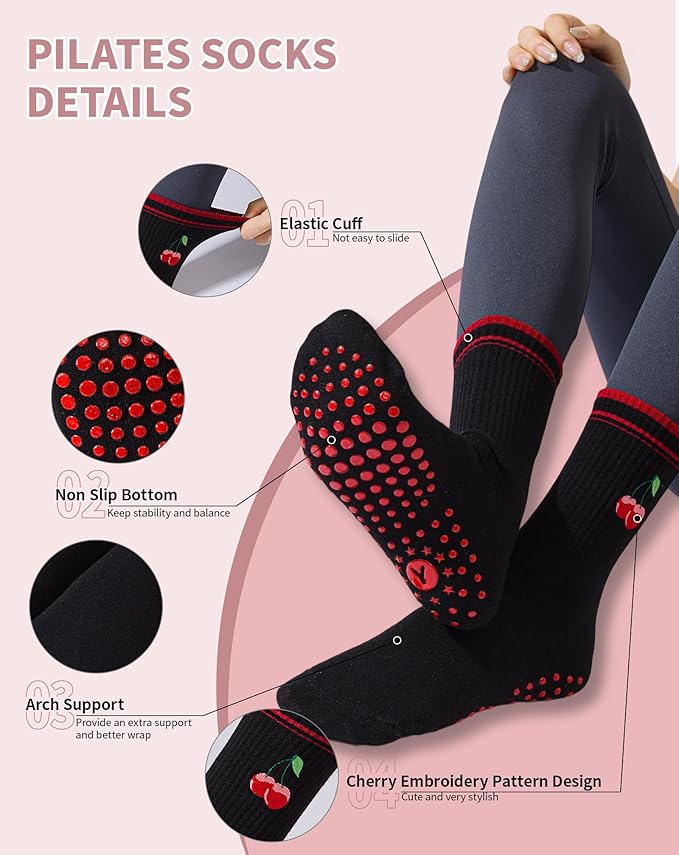 Yawlsow Pilates Grip Socks for Women Yoga Grippy Socks Cute Barre Non Skid Athletic Crew Sticky Sock Workout Hospital