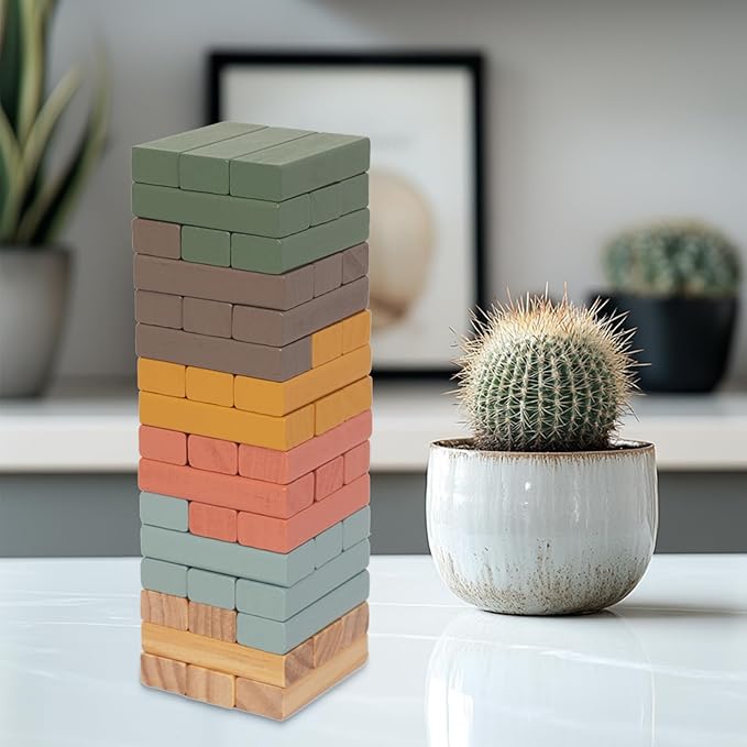 Wooden Blocks Stacking Games, 48PCS Tumbling Stacking Blocks Game for Kids and Families, Wood Colorful Balancing Blocks Montessori Toys for Kids