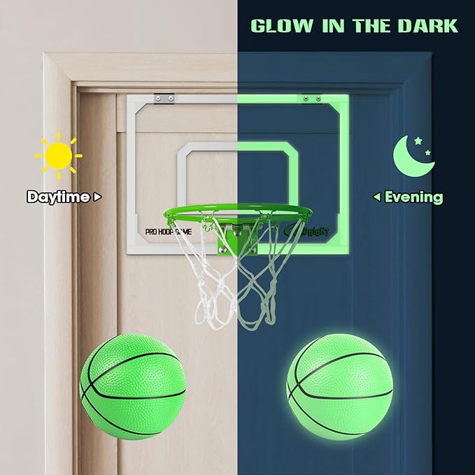 AOKESI Mini Portable Basketball Hoop Indoor Glow in The Dark, Over The Door Basketball Net Goal for Room Outdoor Play Game Toys Gift for Adult Kids Boys