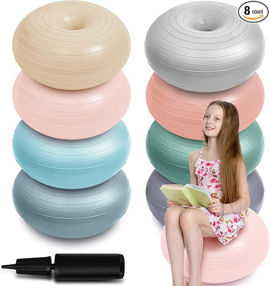 Lewtemi 8 Pcs Flexible Seating for Classroom Elementary 20'' Yoga Ball Chair Large Inflatable Donut Exercise Ball Chair Wobble Seat with Inflator for Kids Student Balance