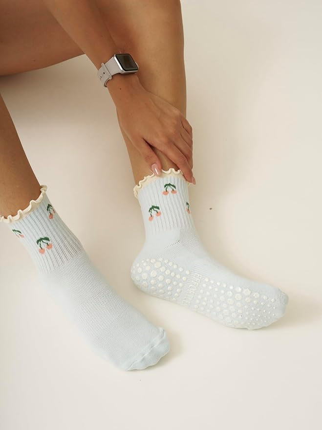 Crew Half Calf Grip Socks, Cutest Fruits Pilates Socks, Ruffle socks, Non-Slip, Barre Yoga Fitness