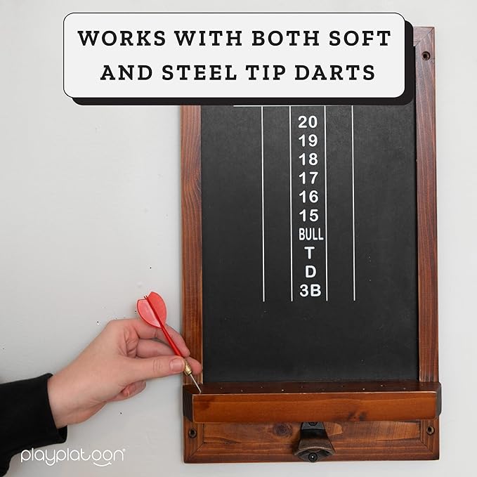 Play Platoon Dart Scoreboard & Darts Holder Wall Mount with Bottle Opener - Wood Score Board, Professional Darts Accessories, Dart Holder