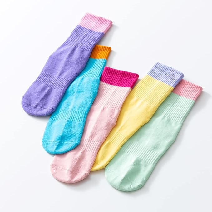 Yoga Pilates Socks with Grips for Women Non Slip Color Blocking Cushioned Crew Socks for Barre Ballet Dance