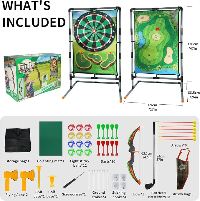 Golf Chipping Game with Stand, Multi-Sport Golf Practice Set with Archery, Darts,Double-Sided Hitting Mat for Backyard Fun, Indoor/Outdoor Sports Toy for Kids & Adults
