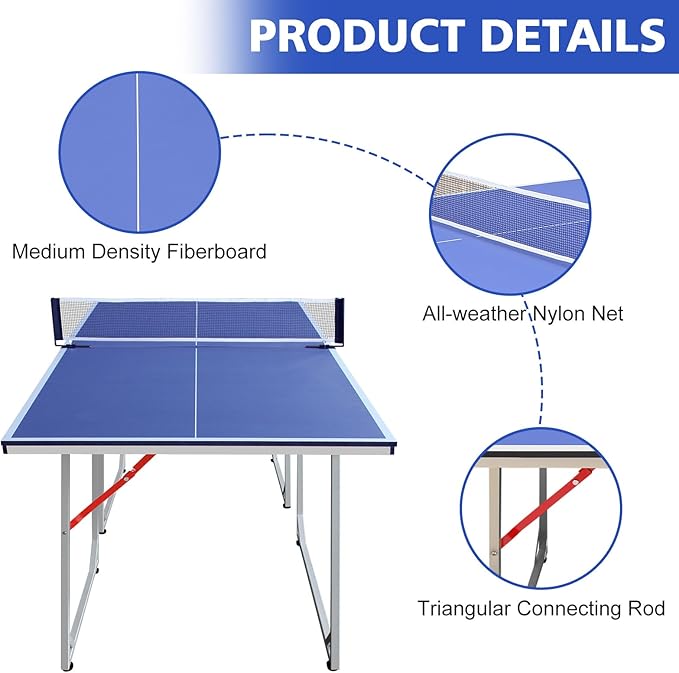 Ping Pong Table Foldable Table Tennis Table with Net, Table Tennis Paddles and Balls, 4.5FT/6FT/9FT MDF Multi-Use Family Game Table for Kid Teenager Adult, Compact & Portable