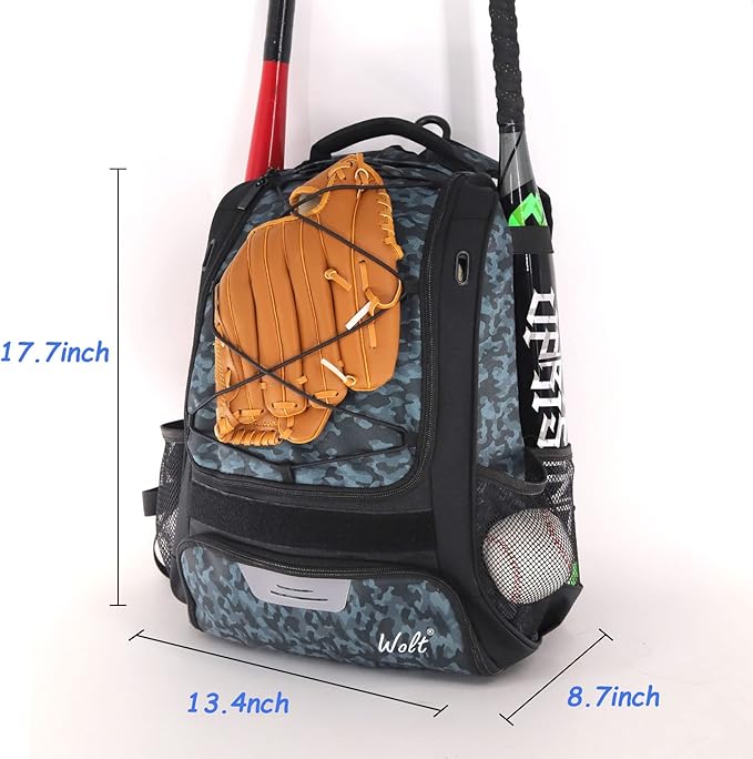 WOLT Youth Baseball Bag - Bat Backpack for Baseball, T-Ball & Softball Equipment & Gear, Bat & Glove Holder, Large Main Compartment for Helmet & accessories, Separate Shoes Compartment, Fence Hook