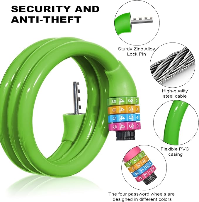 25 Inch Bike Lock Cable, Portable Anti Theft 4 Digits Codes Cable Locks, Resettable Combinations Coiling Bicycle Lock for Bike, Motorbike, Scooter, Skateboard, Gate, Fence (Green)